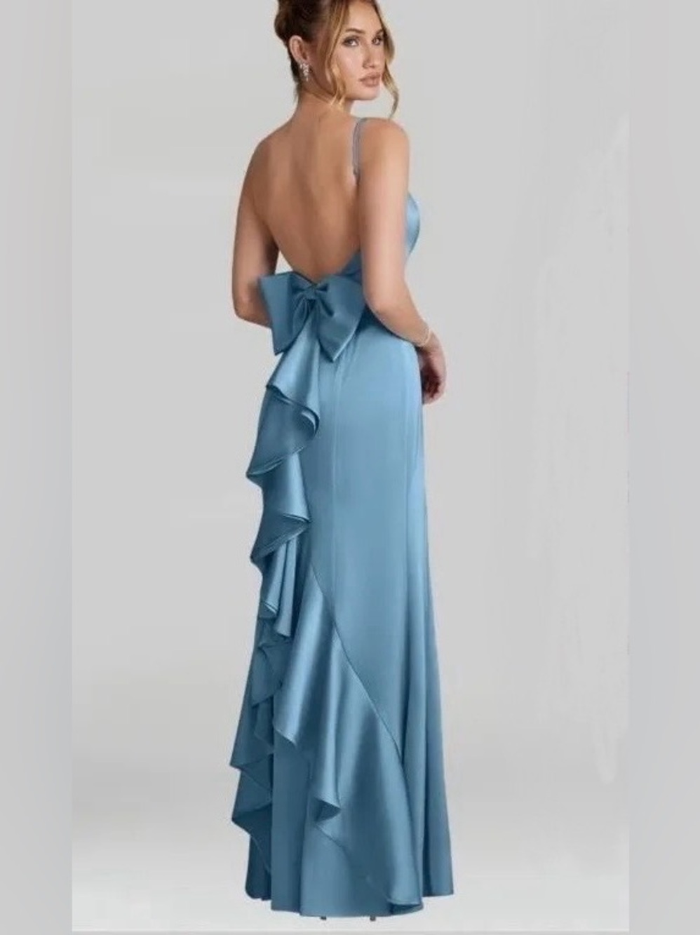Azazie Style 1033 Barbie Light Dusty Blue Backless Satin Gown with Bow sz 2